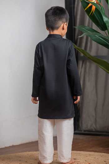 Shop_Lil Angels_Black Cotton Cheetah Hand Painted Kurta Set _at_Aza_Fashions