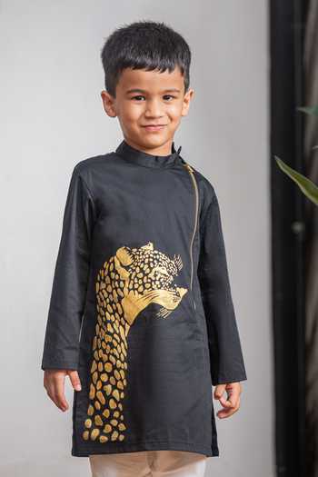 Lil Angels_Black Cotton Cheetah Hand Painted Kurta Set _Online_at_Aza_Fashions