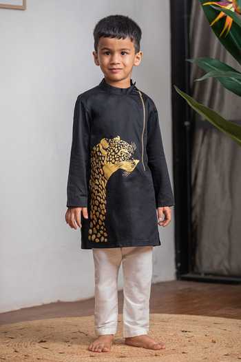 Buy_Lil Angels_Black Cotton Cheetah Hand Painted Kurta Set _at_Aza_Fashions