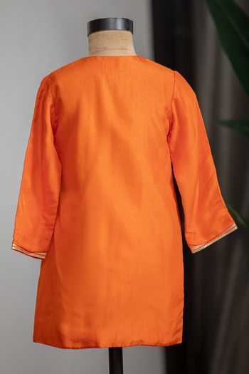 Lil Angels_Orange Silk Lotus Kurta Set _Online_at_Aza_Fashions