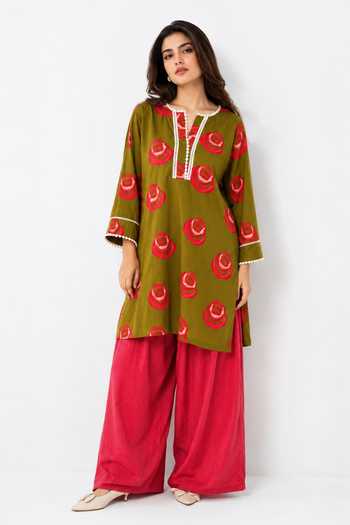 Buy_Poppi_Multicolor Cotton Split V-neck Floral Print Kurta And Farshi Salwar Set _Online_at_Aza_Fashions
