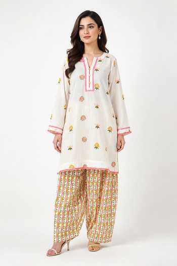 Poppi_Off White Cotton Split V-neck Floral Print Kurta And Farshi Salwar Set _at_Aza_Fashions