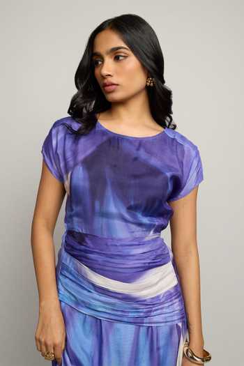 Poppi_Blue Silk, Bemberg Round Neck Ciel Abstract Print Maxi Dress _Online_at_Aza_Fashions