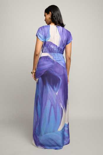 Shop_Poppi_Blue Silk, Bemberg Round Neck Ciel Abstract Print Maxi Dress _at_Aza_Fashions