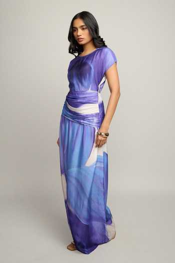 Shop_Poppi_Blue Silk, Bemberg Round Neck Ciel Abstract Print Maxi Dress _Online_at_Aza_Fashions
