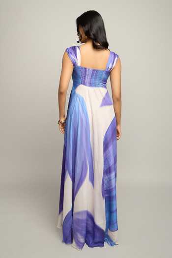 Shop_Poppi_Blue Silk, Bemberg Square Neck Pleated And Printed Maxi Dress _at_Aza_Fashions