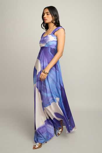 Buy_Poppi_Blue Silk, Bemberg Square Neck Pleated And Printed Maxi Dress _Online_at_Aza_Fashions