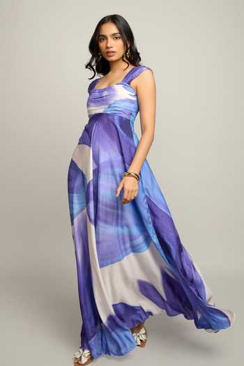 Poppi_Blue Silk, Bemberg Square Neck Pleated And Printed Maxi Dress _at_Aza_Fashions