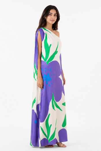 Poppi_Cream Silk, Bemberg One Shoulder Printed Kaftan _Online_at_Aza_Fashions