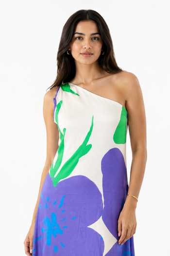 Shop_Poppi_Cream Silk, Bemberg One Shoulder Printed Kaftan _Online_at_Aza_Fashions