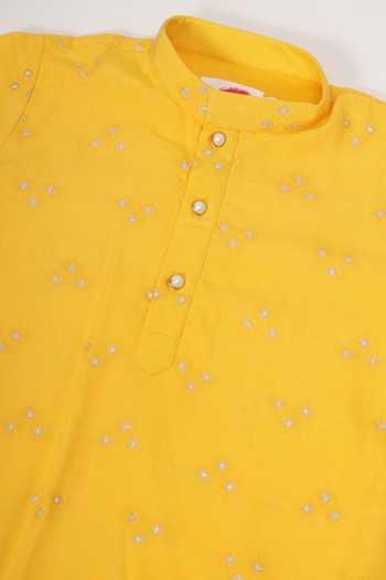 Buy_Little Bansi_Yellow Cotton Embroidery Kurta And Dhoti Pant Set _Online