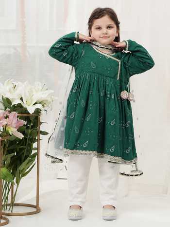 Shop_Little Bansi_Green Cotton Embroidered Kurta Set _Online