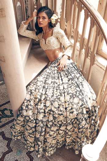 Buy_Paulmi And Harsh_Green Silk, Net, Chiffon Sequins, Vintage Floral Print Lehenga Blouse Set _at_Aza_Fashions
