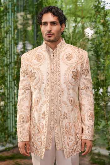 Jigar & Nikita_Off White Silk, Satin Embroidered Jacket And Kurta Set _at_Aza_Fashions