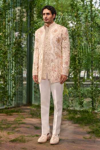 Buy_Jigar & Nikita_Off White Silk, Satin Embroidered Jacket And Kurta Set 