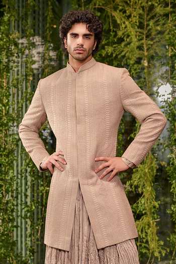 Buy_Jigar & Nikita_Olive Green Silk, Chanderi Talisman The Regal Charm Sherwani Set _Online_at_Aza_Fashions
