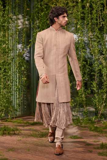 Buy_Jigar & Nikita_Olive Green Silk, Chanderi Talisman The Regal Charm Sherwani Set _at_Aza_Fashions