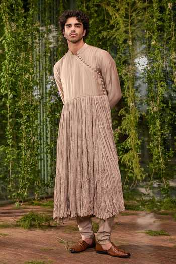 Shop_Jigar & Nikita_Olive Green Silk, Chanderi Talisman The Regal Charm Sherwani Set _Online_at_Aza_Fashions