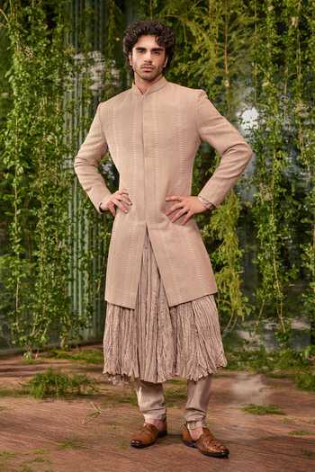 Jigar & Nikita_Olive Green Silk, Chanderi Talisman The Regal Charm Sherwani Set _at_Aza_Fashions