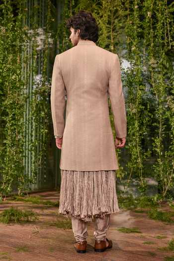 Shop_Jigar & Nikita_Olive Green Silk, Chanderi Talisman The Regal Charm Sherwani Set _at_Aza_Fashions
