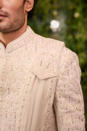 Jigar & Nikita_Ivory Silk, Chanderi Rajvansh The Modern Ruler Sherwani Set _Online_at_Aza_Fashions