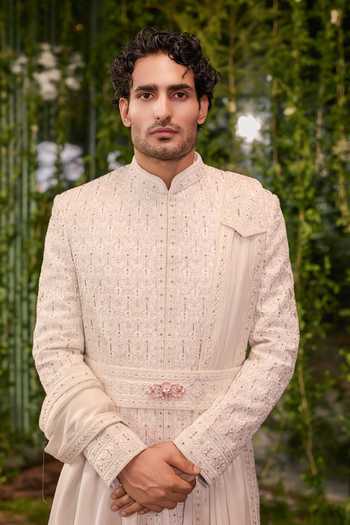 Buy_Jigar & Nikita_Ivory Silk, Chanderi Rajvansh The Modern Ruler Sherwani Set _Online_at_Aza_Fashions