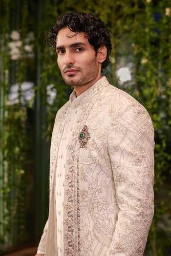 Jigar & Nikita_Ivory Silk, Satin Naksh The Tapestry Sherwani Set _Online_at_Aza_Fashions