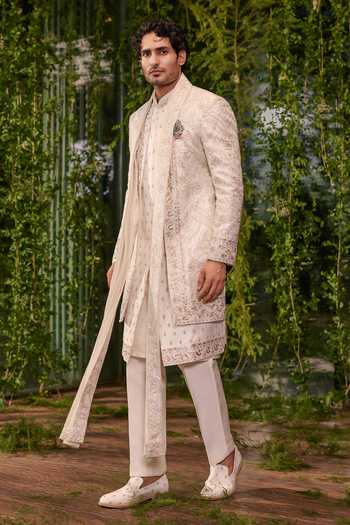 Buy_Jigar & Nikita_Ivory Silk, Satin Naksh The Tapestry Sherwani Set _Online_at_Aza_Fashions