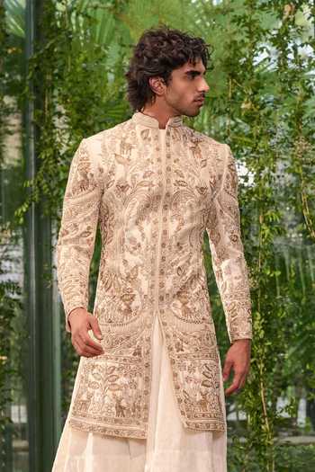Buy_Jigar & Nikita_Ivory Silk, Satin Badshaah Royale Sherwani Set _Online_at_Aza_Fashions