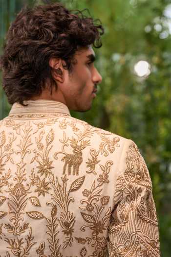 Shop_Jigar & Nikita_Ivory Silk, Satin Badshaah Royale Sherwani Set _Online_at_Aza_Fashions