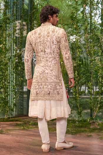 Shop_Jigar & Nikita_Ivory Silk, Satin Badshaah Royale Sherwani Set _at_Aza_Fashions