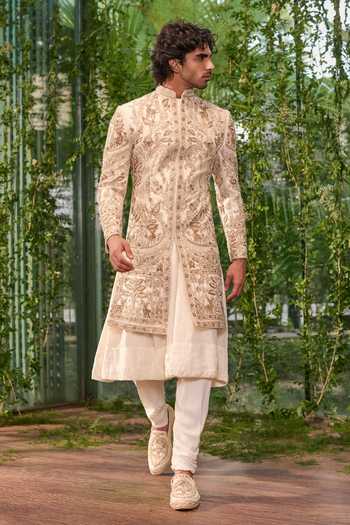 Jigar & Nikita_Ivory Silk, Satin Badshaah Royale Sherwani Set _at_Aza_Fashions