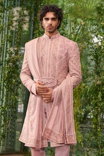 Buy_Jigar & Nikita_Purple Silk, Satin The Regal Paw Sherwani Set _Online_at_Aza_Fashions