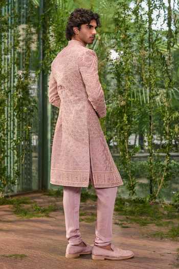 Shop_Jigar & Nikita_Purple Silk, Satin The Regal Paw Sherwani Set _at_Aza_Fashions