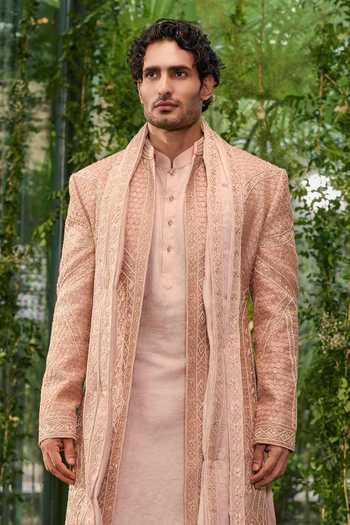 Buy_Jigar & Nikita_Beige Silk, Satin Virasat The Royal Lineage Sherwani Set _Online_at_Aza_Fashions