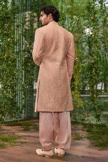 Shop_Jigar & Nikita_Beige Silk, Satin Virasat The Royal Lineage Sherwani Set _at_Aza_Fashions