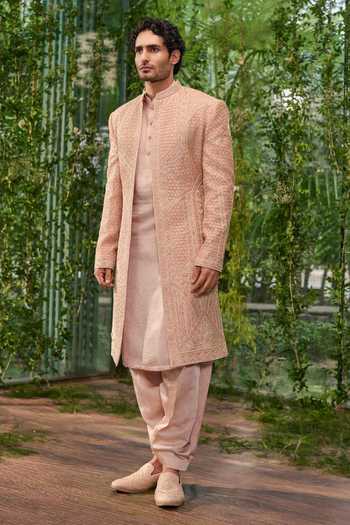 Shop_Jigar & Nikita_Beige Silk, Satin Virasat The Royal Lineage Sherwani Set _Online_at_Aza_Fashions