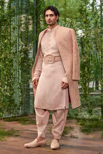 Jigar & Nikita_Beige Silk, Satin Virasat The Royal Lineage Sherwani Set _at_Aza_Fashions