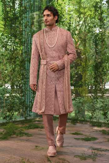 Shop_Jigar & Nikita_Brown Velvet, Satin Yuvraj The Imperial Realm Sherwani Set _Online_at_Aza_Fashions