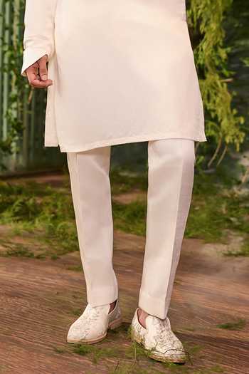 Jigar & Nikita_Ivory Satin Border Work Kurta Set _Online_at_Aza_Fashions