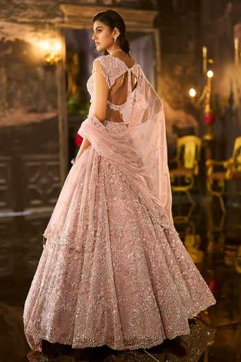Shop_Seema Gujral_Peach Net Sweetheart Neck Dusty Sequin Bridal Lehenga Set _at_Aza_Fashions