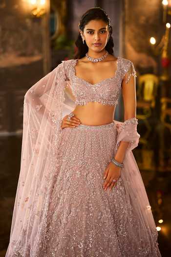 Buy_Seema Gujral_Peach Net Sweetheart Neck Dusty Sequin Bridal Lehenga Set _Online_at_Aza_Fashions