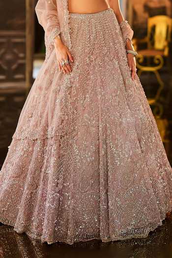 Seema Gujral_Peach Net Sweetheart Neck Dusty Sequin Bridal Lehenga Set _at_Aza_Fashions