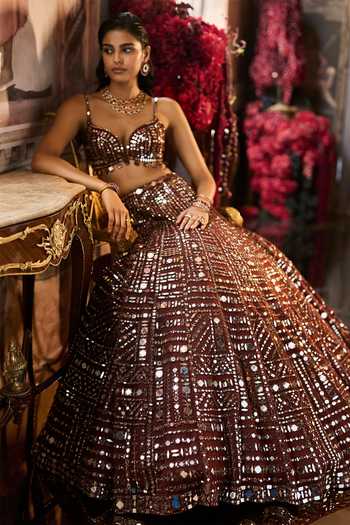 Seema Gujral_Brown Net Sweetheart Neck Copper Mirror Work Bridal Lehenga Set _Online