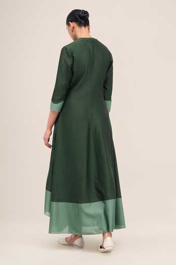 Shop_Ampm_Green Organza, Chanderi, Satin V-neck, Yes Sama Kurta Pant Set _Online_at_Aza_Fashions