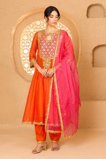 Buy_Saina Kapoor_Orange Cotton, Organza, Chanderi, Viscose Floral Embellished Anarkali Set _at_Aza_Fashions