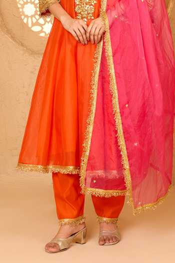 Buy_Saina Kapoor_Orange Cotton, Organza, Chanderi, Viscose Floral Embellished Anarkali Set _Online_at_Aza_Fashions