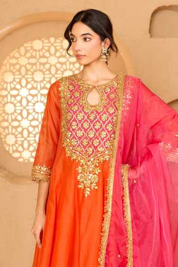 Shop_Saina Kapoor_Orange Cotton, Organza, Chanderi, Viscose Floral Embellished Anarkali Set _Online_at_Aza_Fashions