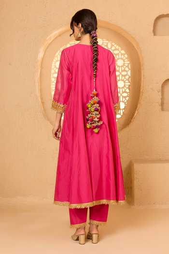 Shop_Saina Kapoor_Fuchsia Cotton, Organza, Chanderi, Viscose Keyhole Gota Patti Work Anarkali Set _at_Aza_Fashions