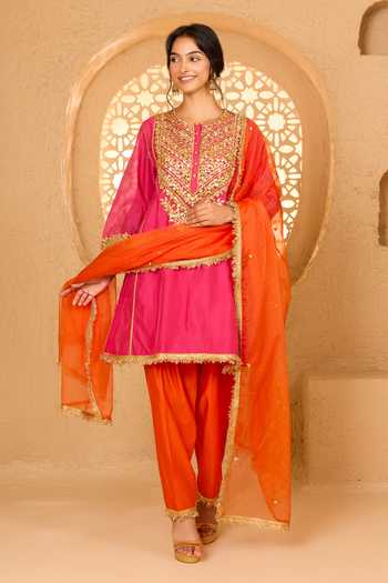 Buy_Saina Kapoor_Multicolor Cotton, Organza, Chanderi, Viscose Round Sequin Embroidered Kurta Set _at_Aza_Fashions